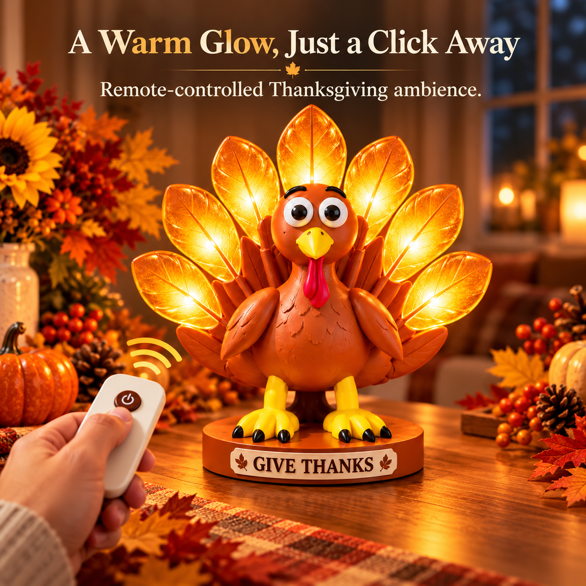 🦃 Give Thanks Turkey Lamp – Glowing Feather Table Light for Cozy Fall & Thanksgiving Decor