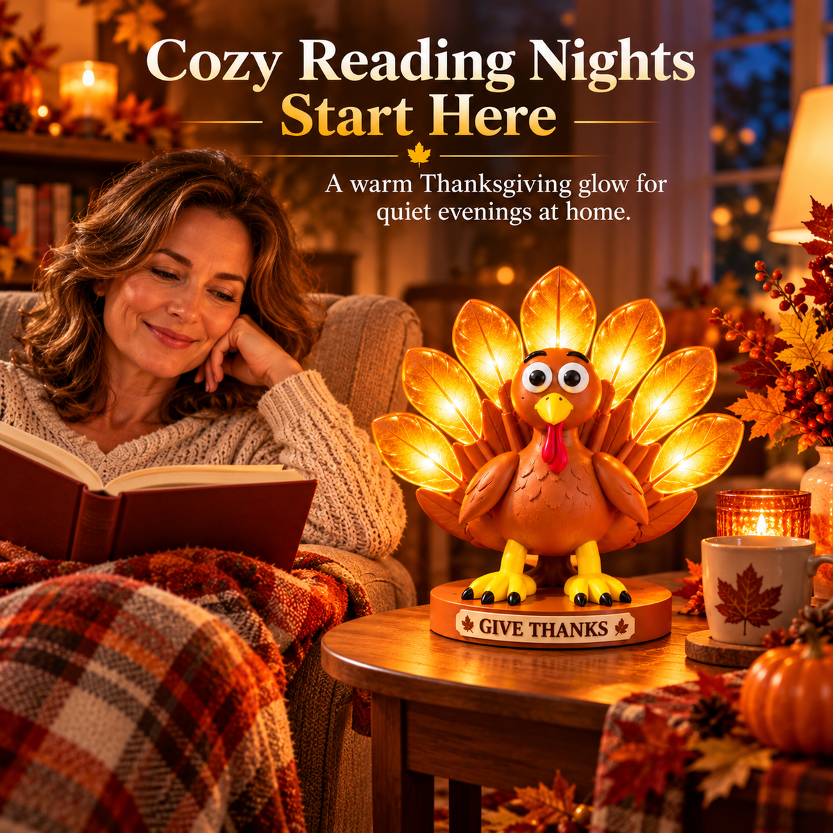 🦃 Give Thanks Turkey Lamp – Glowing Feather Table Light for Cozy Fall & Thanksgiving Decor
