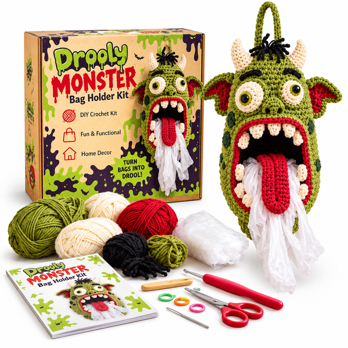 😂 Funny Crochet Bag Holder DIY Kits – Snotty Sam, Spider Silk & Drooly Monster | Quirky Kitchen Decor & Gag Gifts
