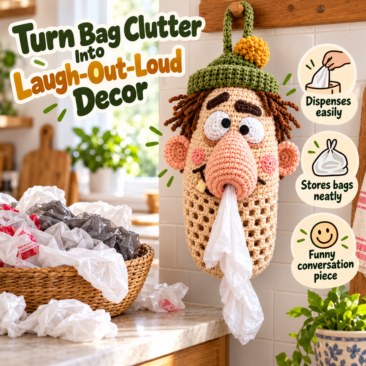 😂 Funny Crochet Bag Holder DIY Kits – Snotty Sam, Spider Silk & Drooly Monster | Quirky Kitchen Decor & Gag Gifts
