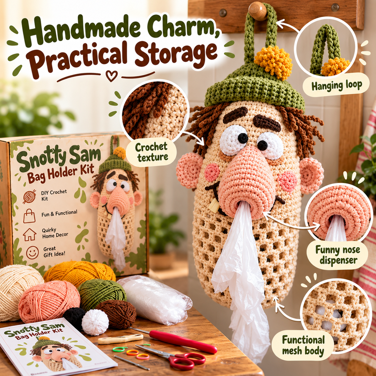 😂 Funny Crochet Bag Holder DIY Kits – Snotty Sam, Spider Silk & Drooly Monster | Quirky Kitchen Decor & Gag Gifts