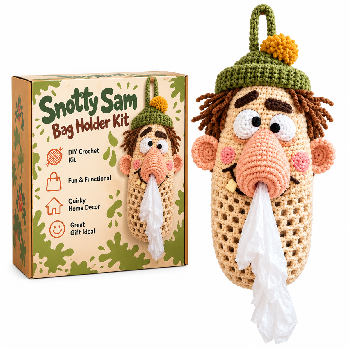 😂 Funny Crochet Bag Holder DIY Kits – Snotty Sam, Spider Silk & Drooly Monster | Quirky Kitchen Decor & Gag Gifts