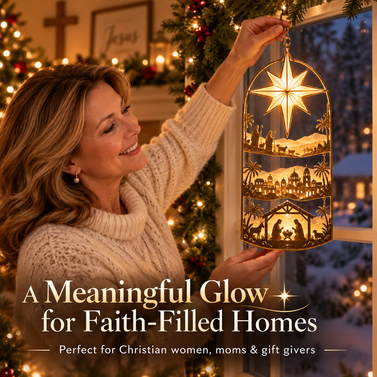 Woman admiring the Bethlehem Guiding Star Nativity hanging in a warmly decorated Christmas home