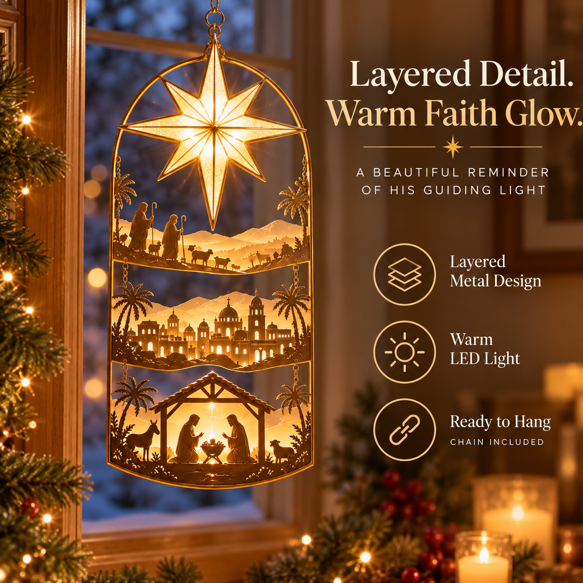 Bethlehem Guiding Star detailed layered silhouette design, hanging chain, and warm decorative lighting