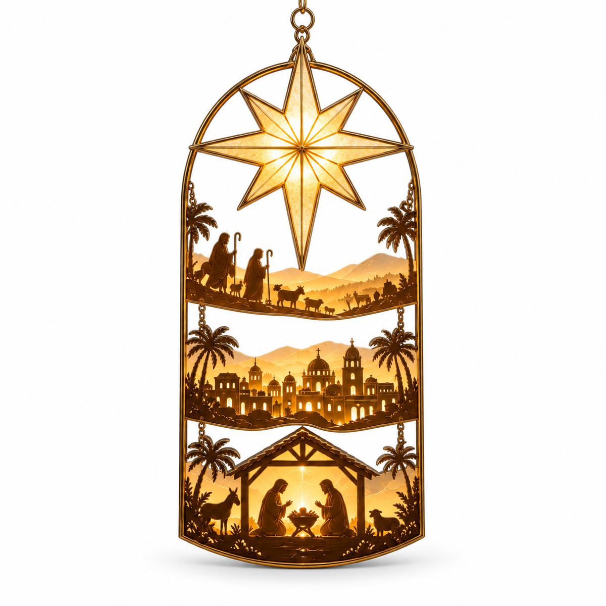 Clean white background full view of Bethlehem Guiding Star golden Nativity Christmas hanging decoration