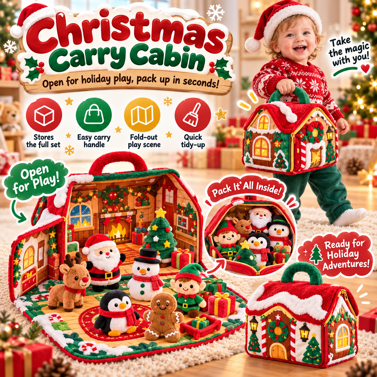 🎄✨ Christmas Carry Cabin™ – Fold-Out Holiday Plush Playset & Portable Storage House 🎅🦌