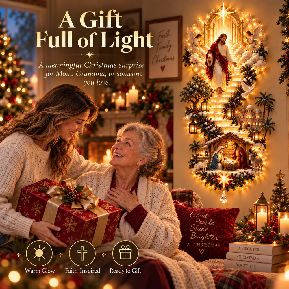 Family Christmas gifting scene with the illuminated wall decoration