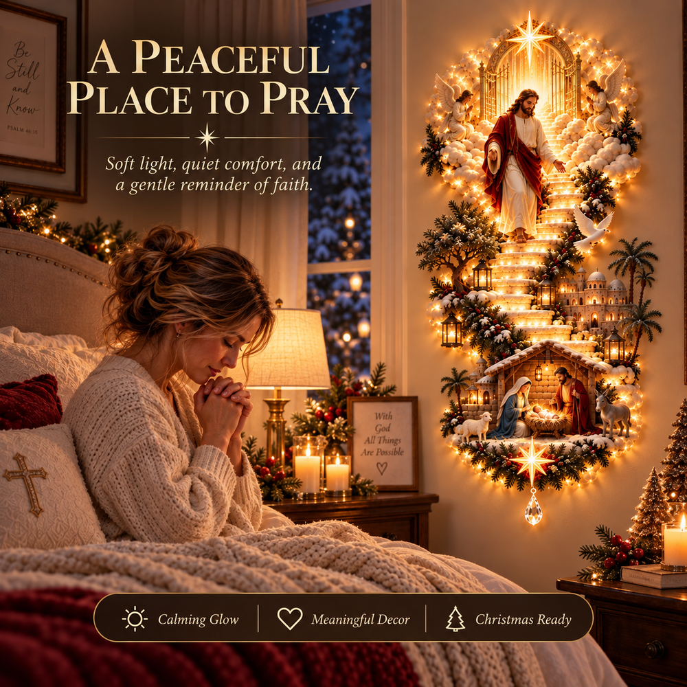 Woman praying beside the illuminated Jesus Christmas wall hanging
