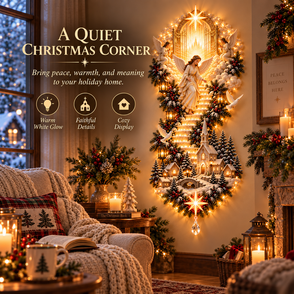 Angel Christmas wall decoration beside a cozy reading chair