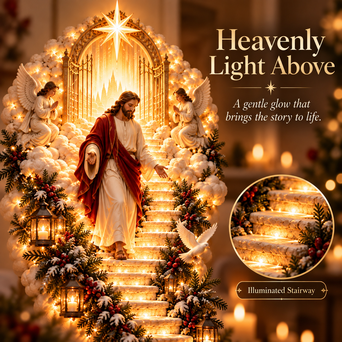 Heavenly light Jesus and illuminated stairway details