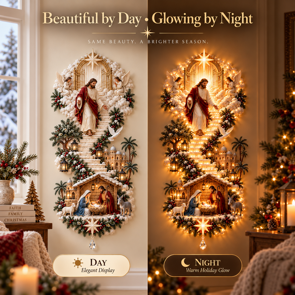 Day and night views of the Jesus wall hanging