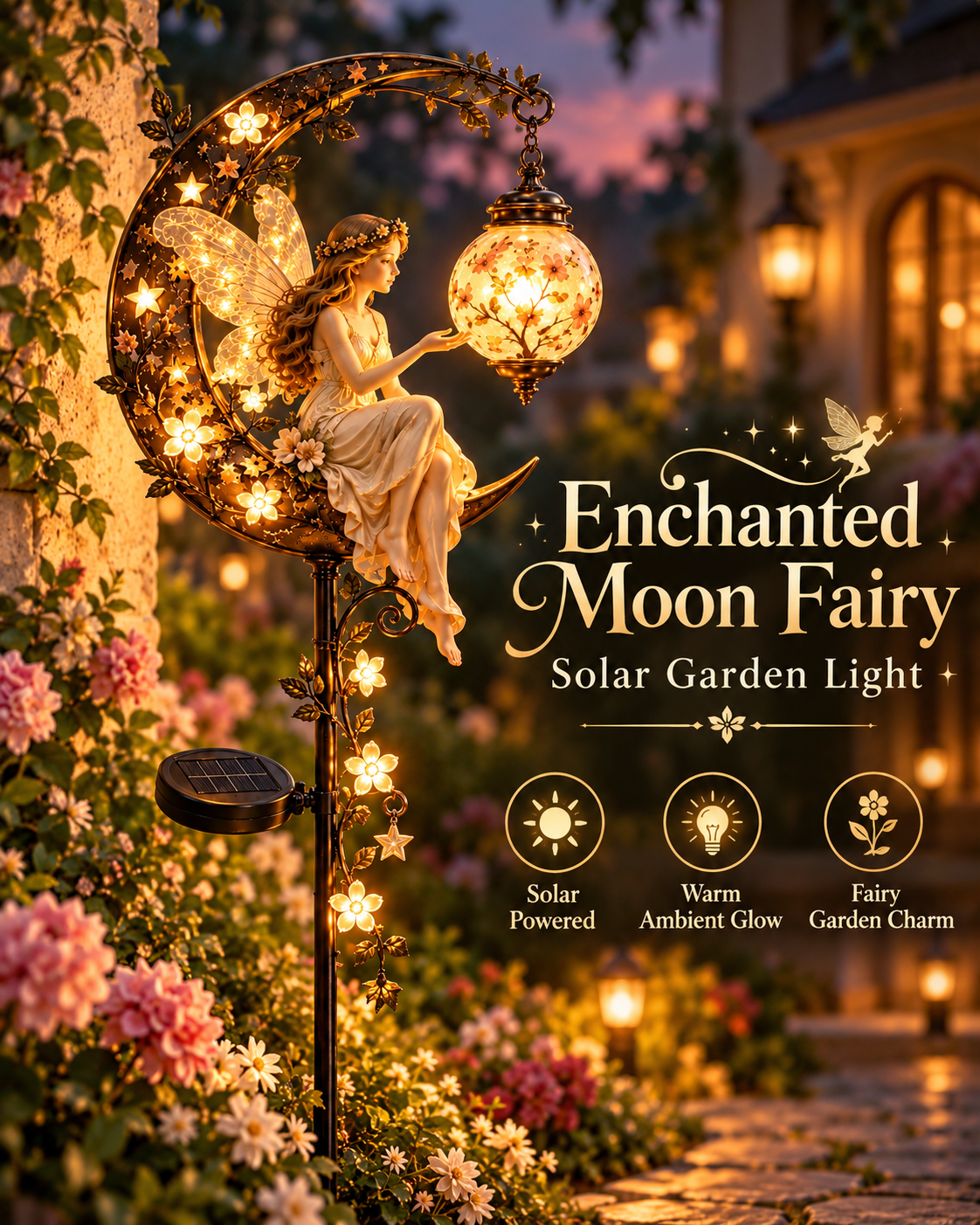 🧚‍♀️🌙 Enchanted Moon Fairy Solar Garden Light | Floral Crescent Lantern Stake, Magical Outdoor Décor & Fairy Garden Accent
