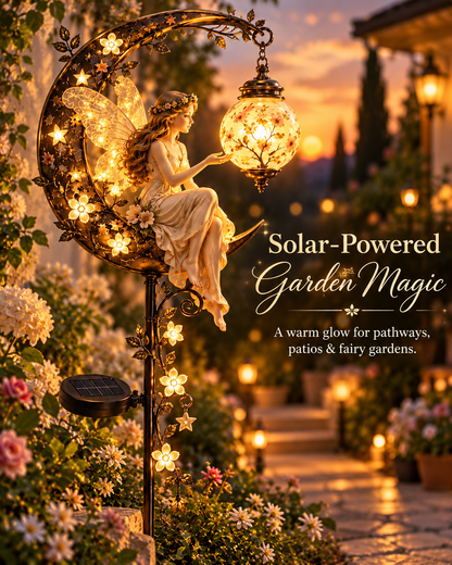 🧚‍♀️🌙 Enchanted Moon Fairy Solar Garden Light | Floral Crescent Lantern Stake, Magical Outdoor Décor & Fairy Garden Accent