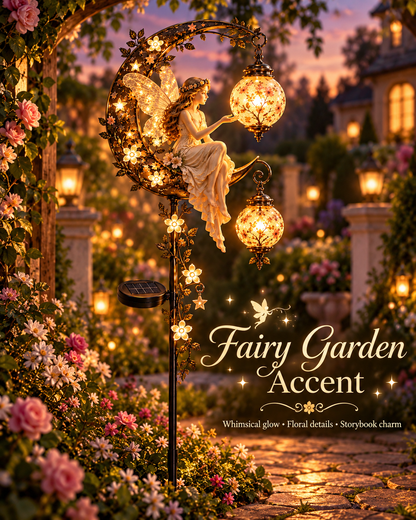 🧚‍♀️🌙 Enchanted Moon Fairy Solar Garden Light | Floral Crescent Lantern Stake, Magical Outdoor Décor & Fairy Garden Accent