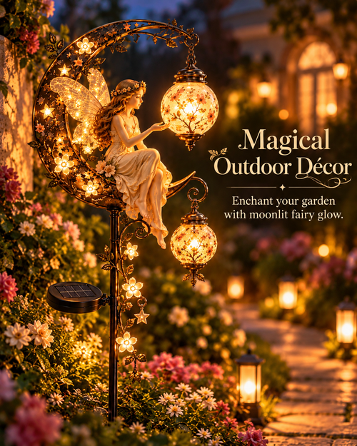 🧚‍♀️🌙 Enchanted Moon Fairy Solar Garden Light | Floral Crescent Lantern Stake, Magical Outdoor Décor & Fairy Garden Accent