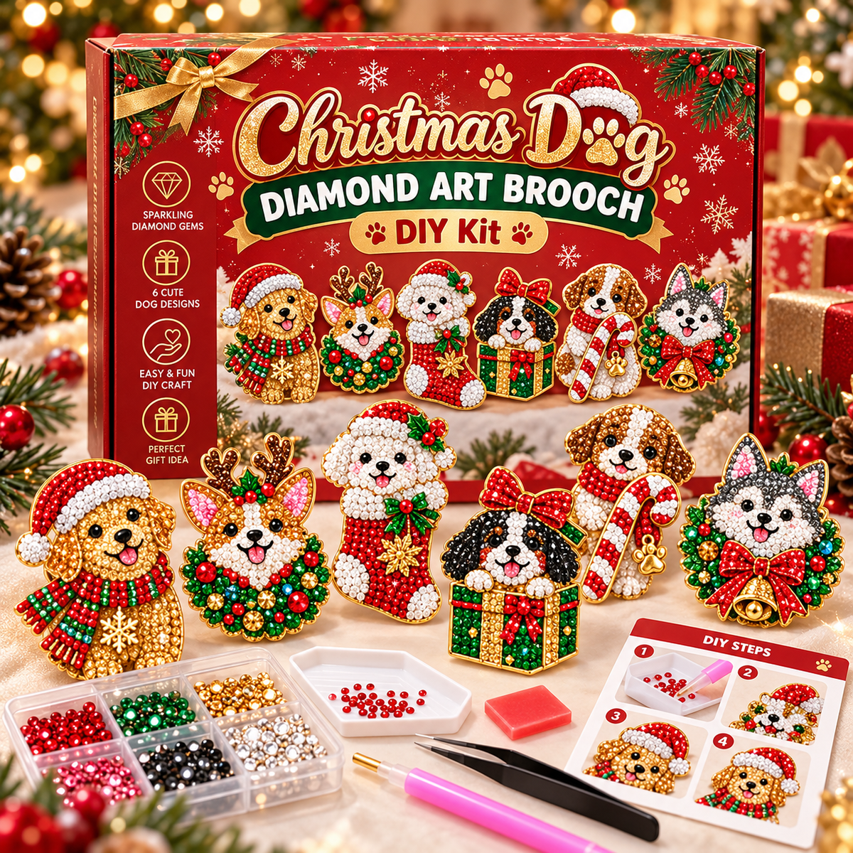 🎄Beginner-Friendly Christmas Diamond Painting Brooch DIY Kit | 6 Festive Designs with Sparkling Gems & Pin Backs 💎