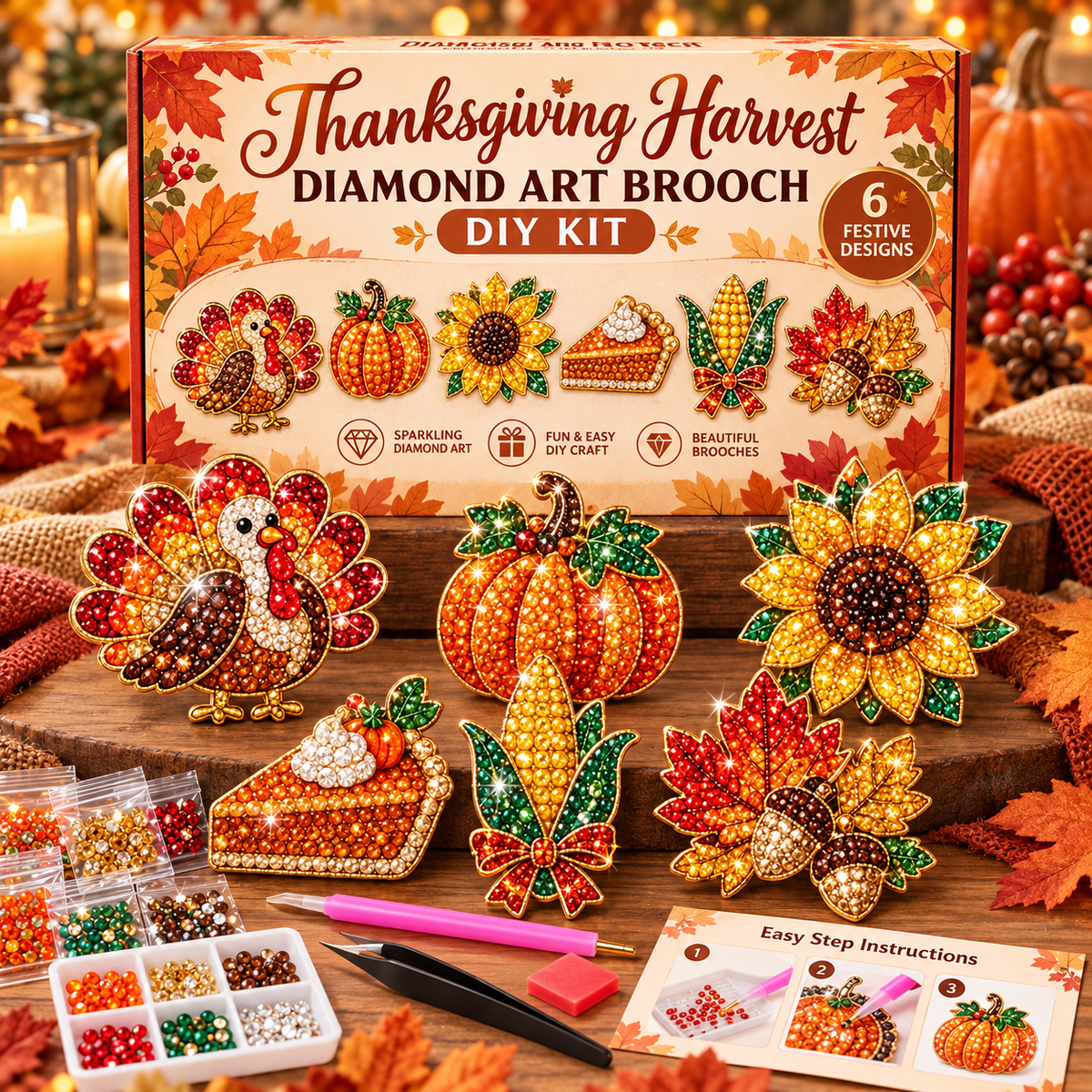 🎄Beginner-Friendly Christmas Diamond Painting Brooch DIY Kit | 6 Festive Designs with Sparkling Gems & Pin Backs 💎