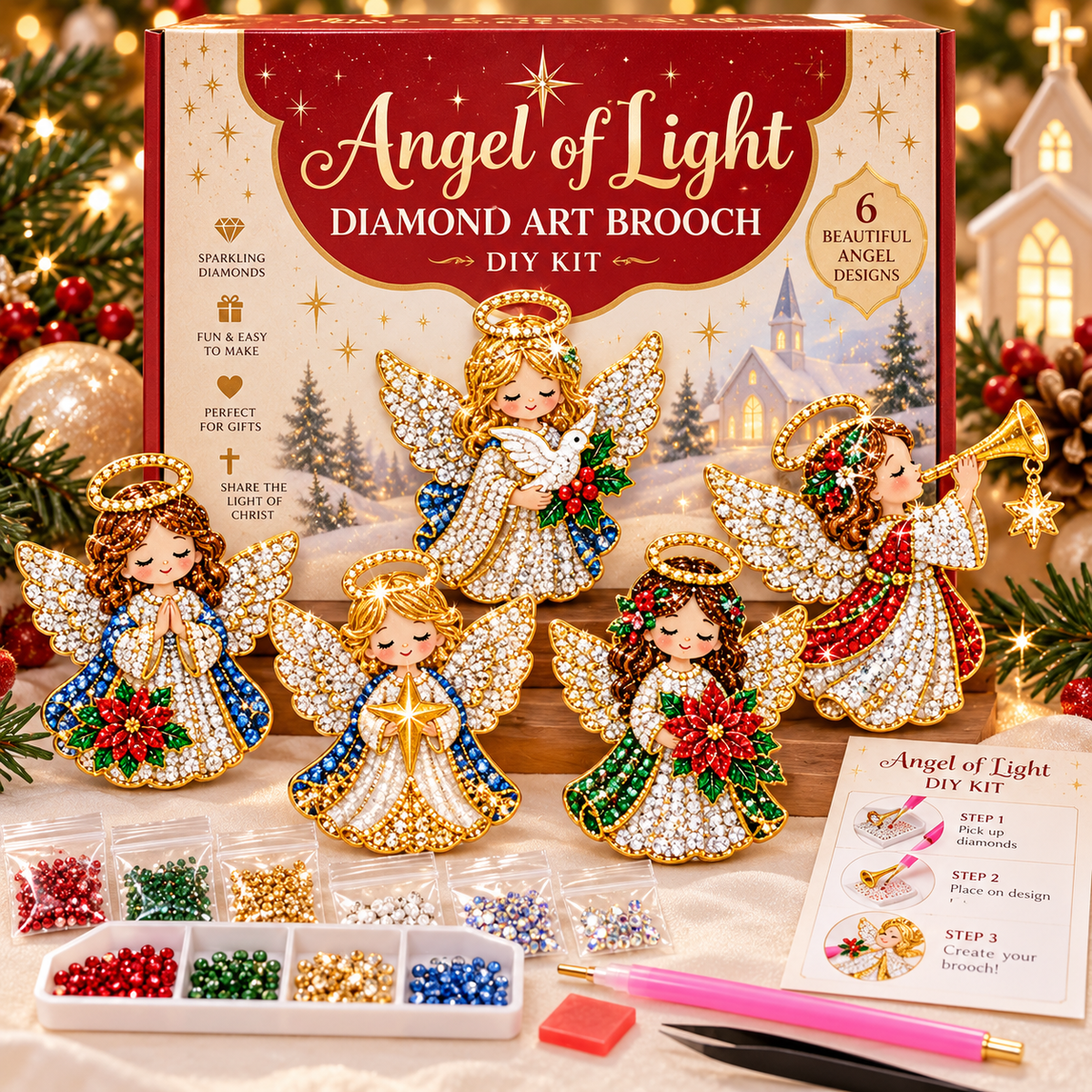 🎄Beginner-Friendly Christmas Diamond Painting Brooch DIY Kit | 6 Festive Designs with Sparkling Gems & Pin Backs 💎