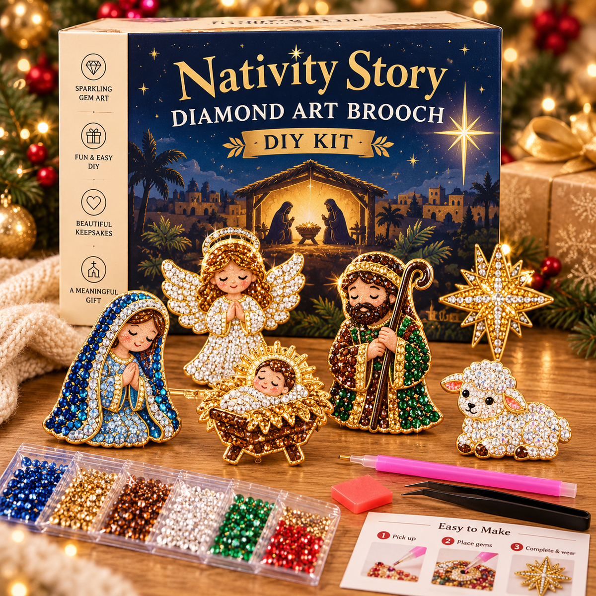 🎄Beginner-Friendly Christmas Diamond Painting Brooch DIY Kit | 6 Festive Designs with Sparkling Gems & Pin Backs 💎
