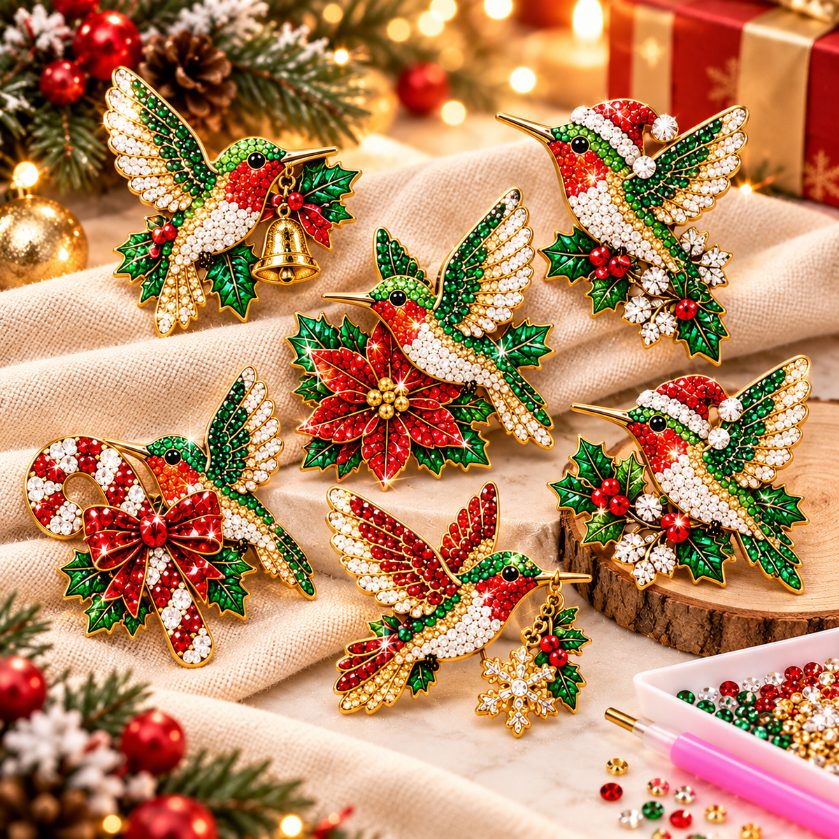🎄Beginner-Friendly Christmas Diamond Painting Brooch DIY Kit | 6 Festive Designs with Sparkling Gems & Pin Backs 💎