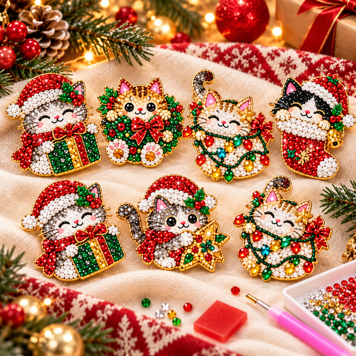 🎄Beginner-Friendly Christmas Diamond Painting Brooch DIY Kit | 6 Festive Designs with Sparkling Gems & Pin Backs 💎