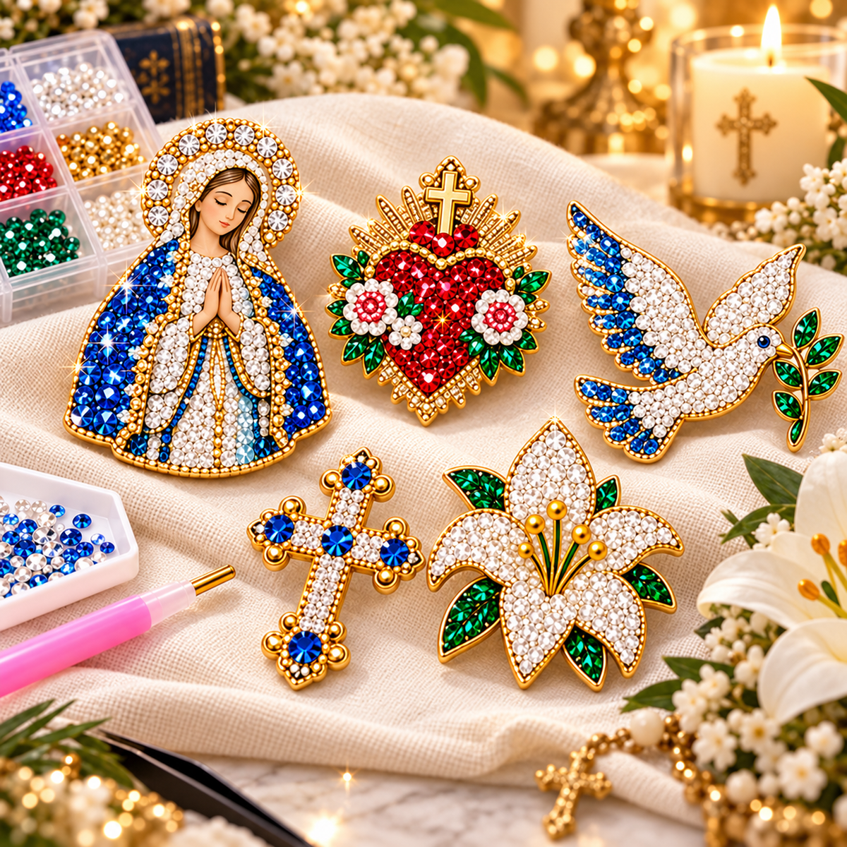 🎄Beginner-Friendly Christmas Diamond Painting Brooch DIY Kit | 6 Festive Designs with Sparkling Gems & Pin Backs 💎