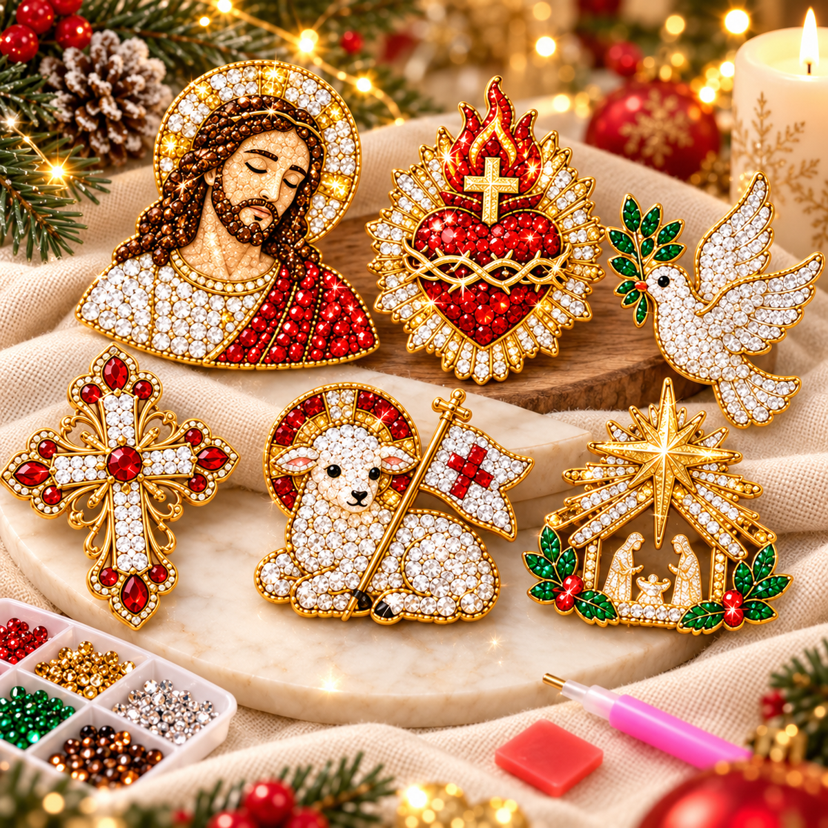 🎄Beginner-Friendly Christmas Diamond Painting Brooch DIY Kit | 6 Festive Designs with Sparkling Gems & Pin Backs 💎