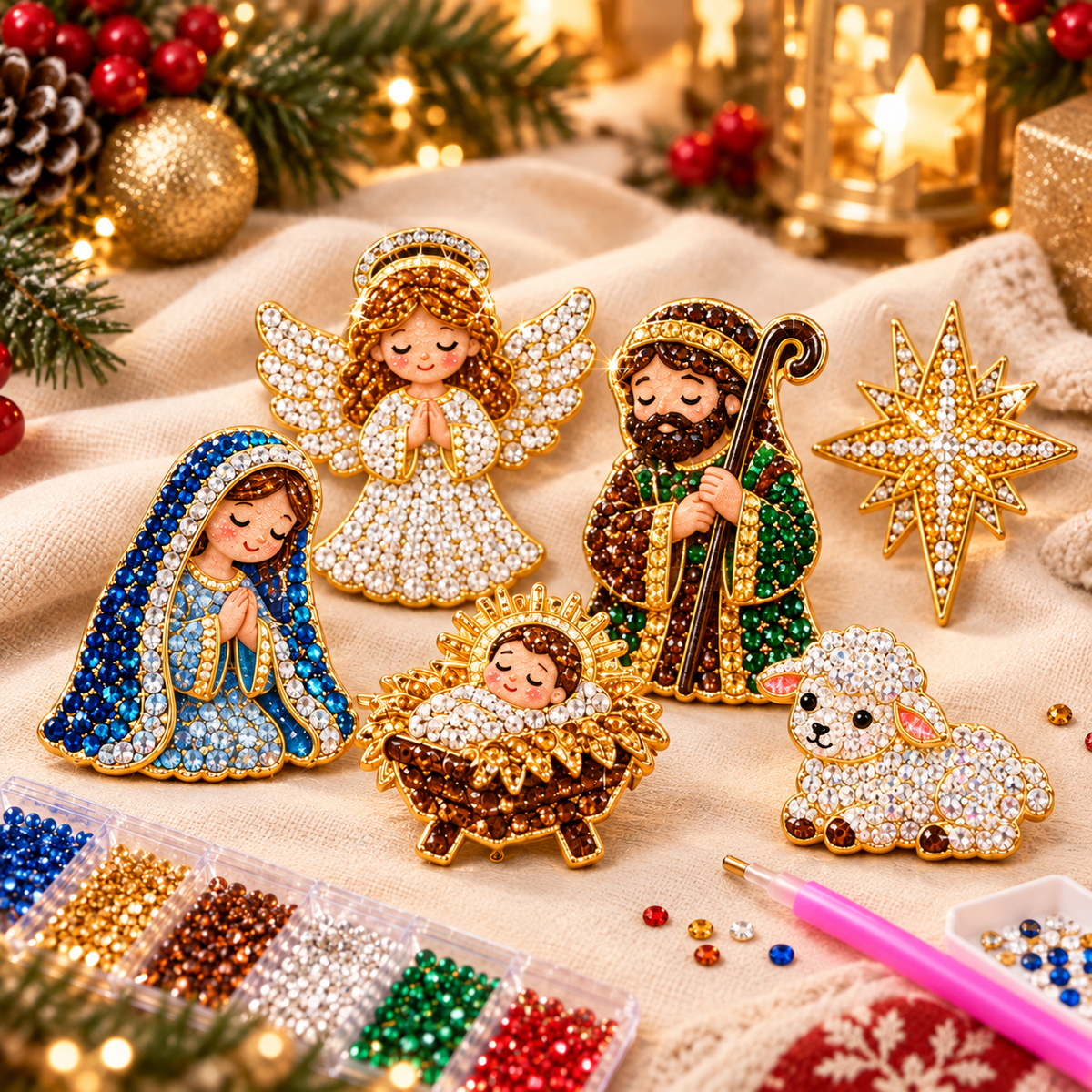 🎄Beginner-Friendly Christmas Diamond Painting Brooch DIY Kit | 6 Festive Designs with Sparkling Gems & Pin Backs 💎