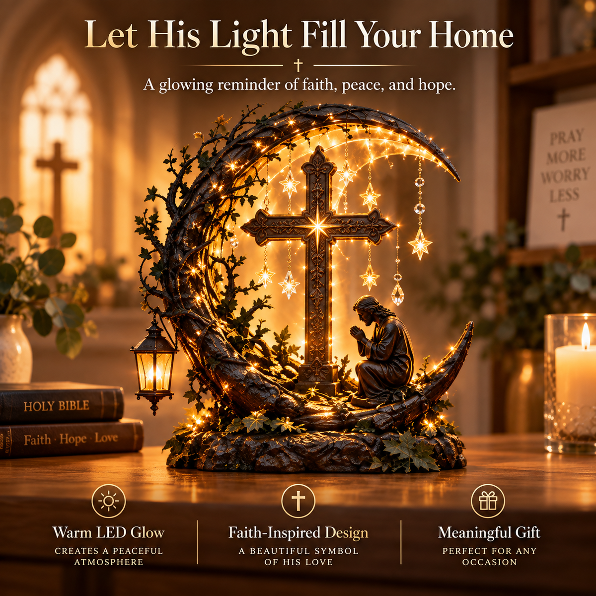 Light of Faith illuminated cross prayer tabletop decor