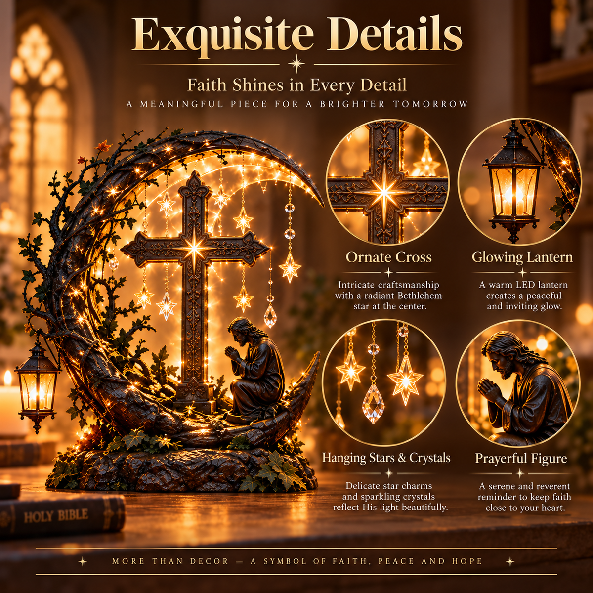 Illuminated cross ornate details lantern stars and prayer figure