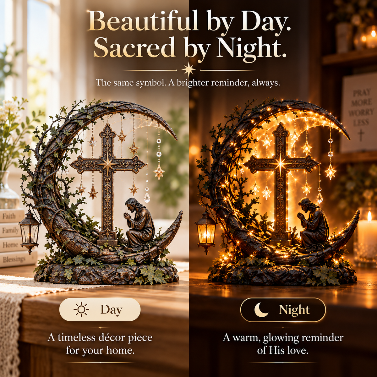 Light of Faith tabletop decor day and night comparison