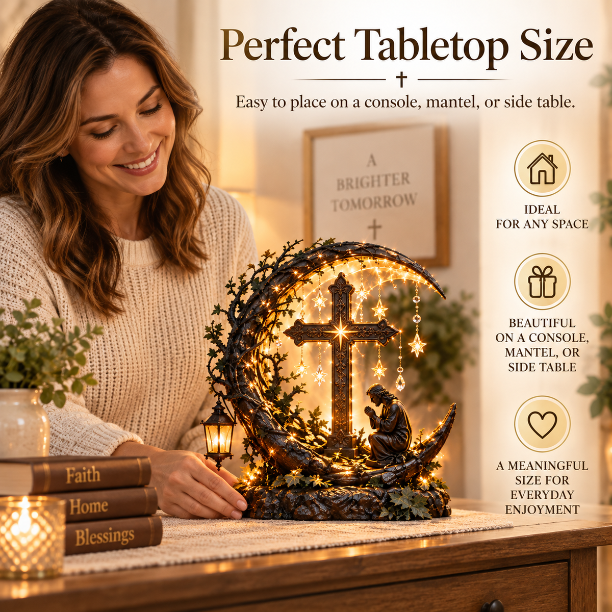 Woman beside Light of Faith tabletop cross decor for scale