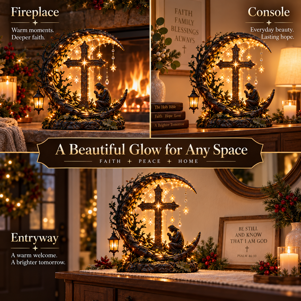 Light of Faith decor in fireplace console and entryway settings