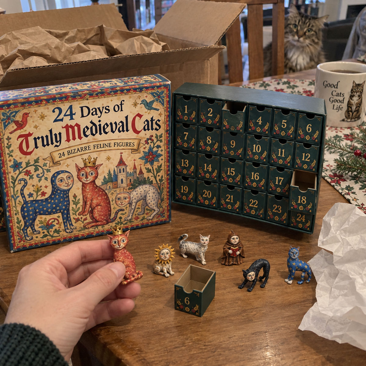 Hand holding an Ugly Medieval Cats miniature figure next to the advent calendar