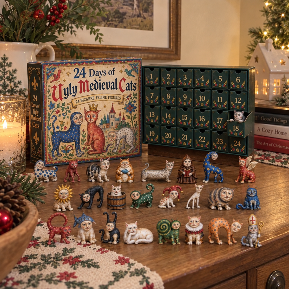 Medieval cat figures arranged on a cozy Christmas table