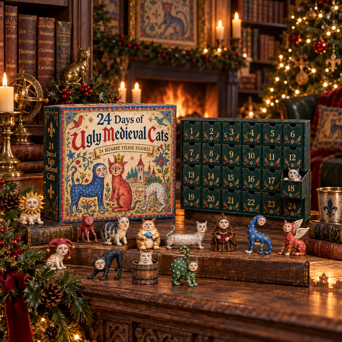 Ugly Medieval Cats calendar in a medieval library Christmas setting
