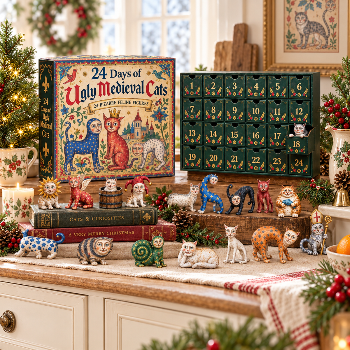Ugly Medieval Cats collection displayed in a bright Christmas home