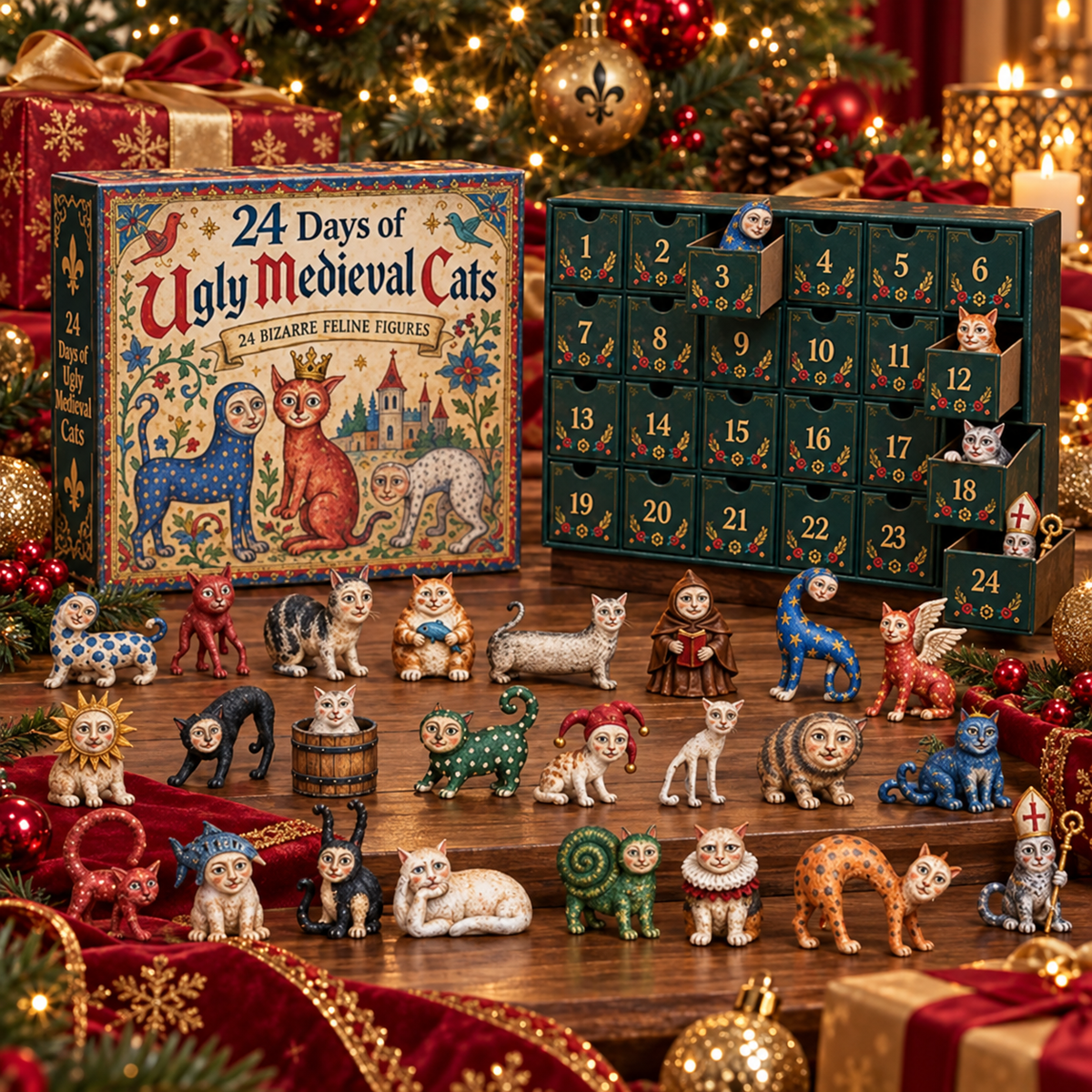 24 Days of Ugly Medieval Cats displayed as a Christmas gift