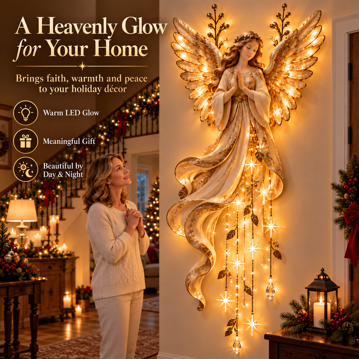 👼Guardian Angel Starfall Cascade™ – Lighted Faith & Blessing Christmas Wall Decor✨