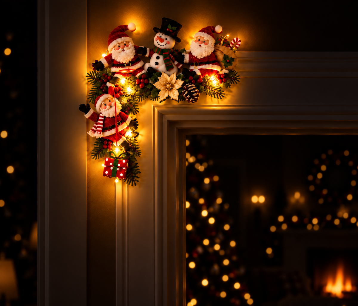 🎄 Cozy Christmas Door Corner Decor™ – Lighted Santa & Snowman Holiday Accent
