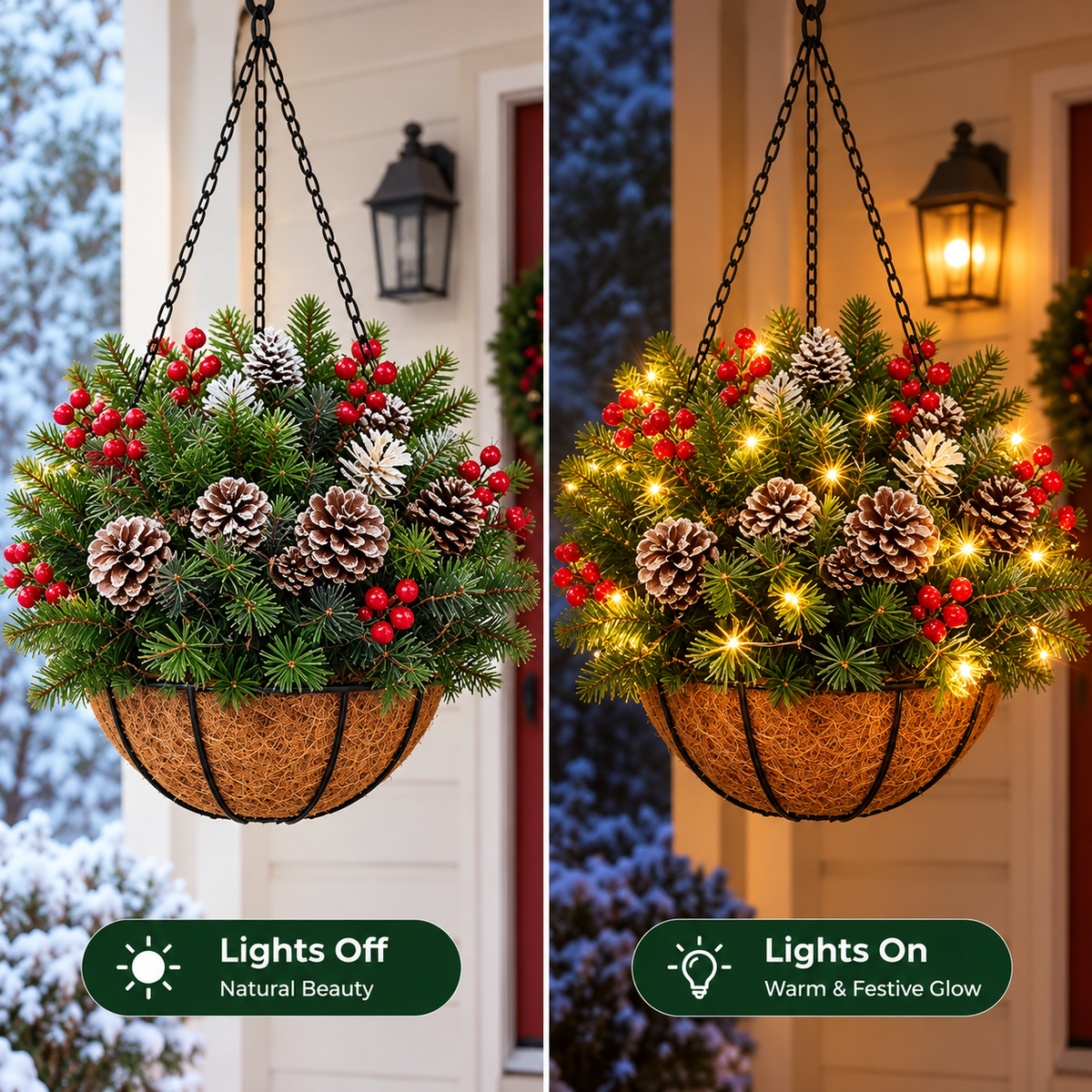 Christmas hanging basket shown with its lights off and on