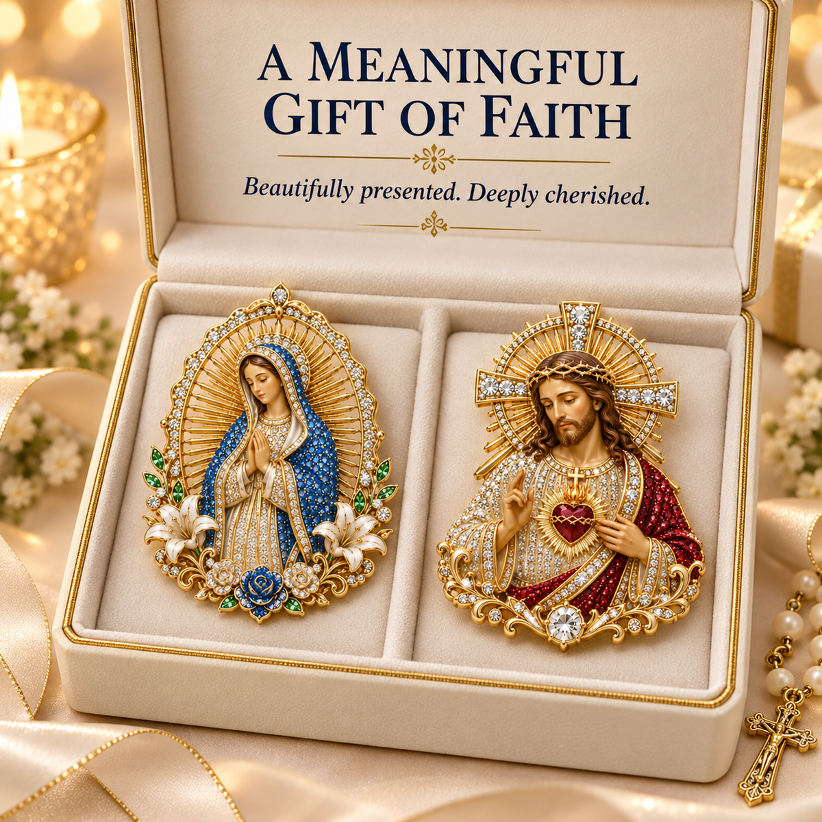 Jesus and Our Lady of Guadalupe devotional pin gift presentation