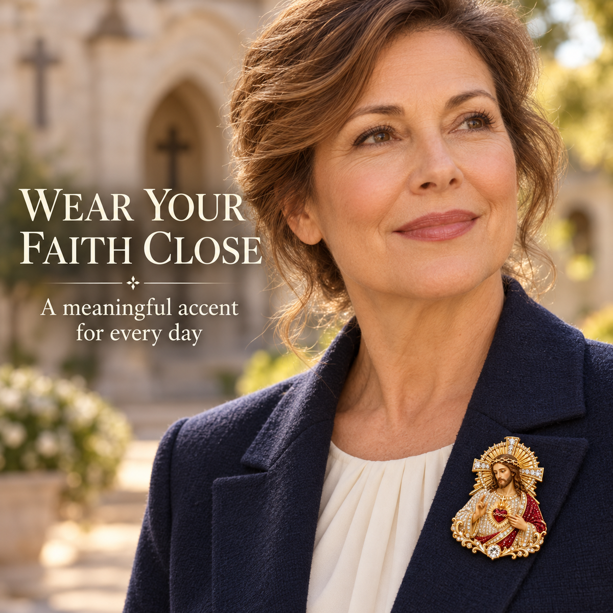 Woman wearing Sacred Heart of Jesus devotional pin