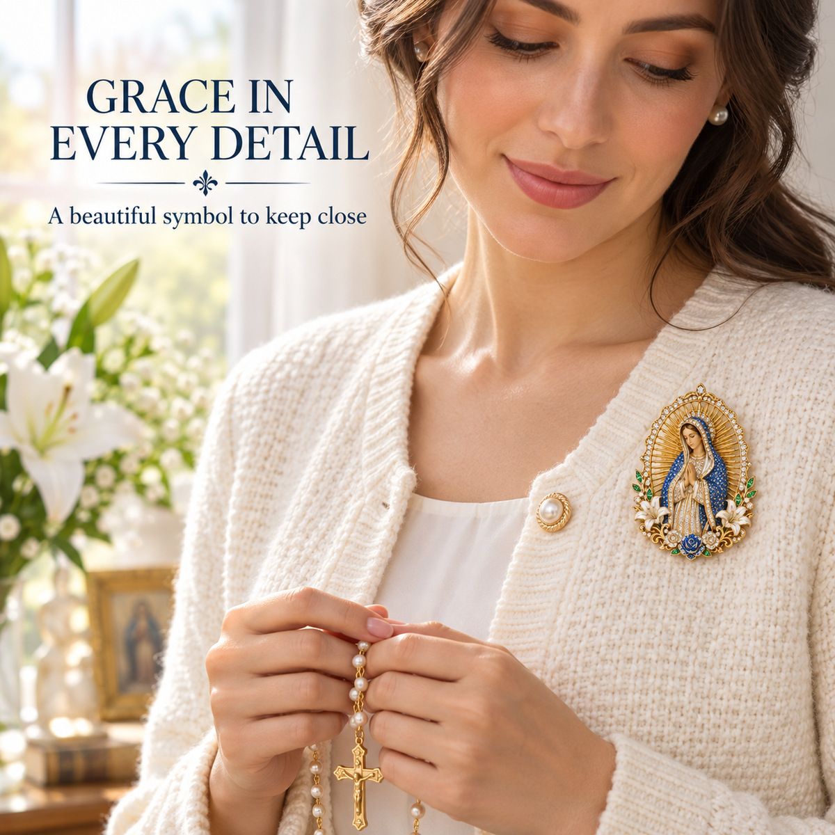 Woman wearing Our Lady of Guadalupe devotional pin