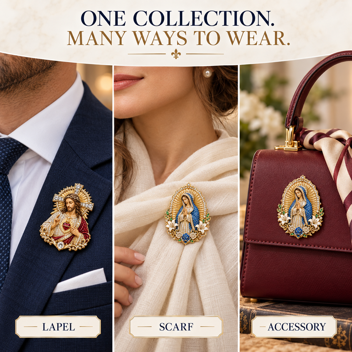 Sacred Devotion Pins worn on lapel scarf and handbag