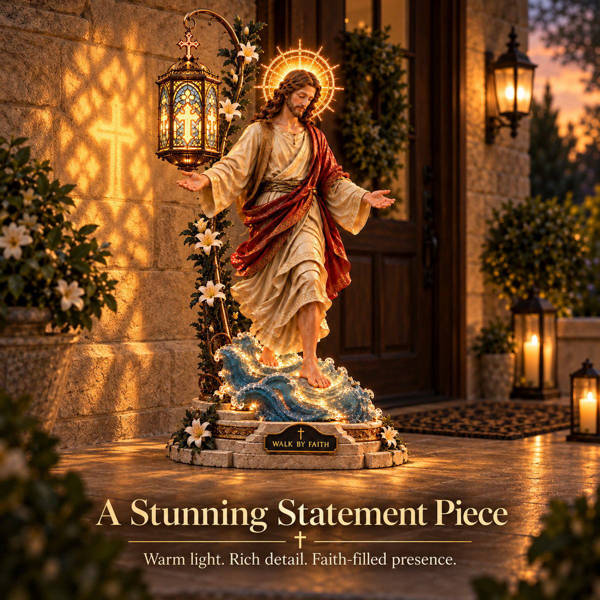 Illuminated Jesus walking on water reflection effect