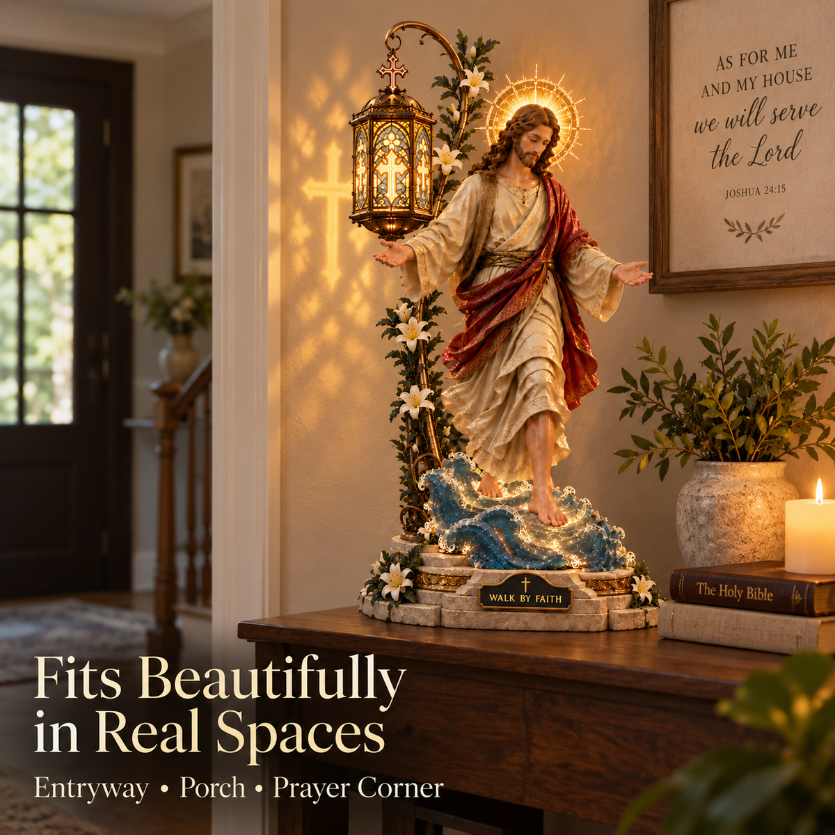 Jesus walking on water reflection light in entryway