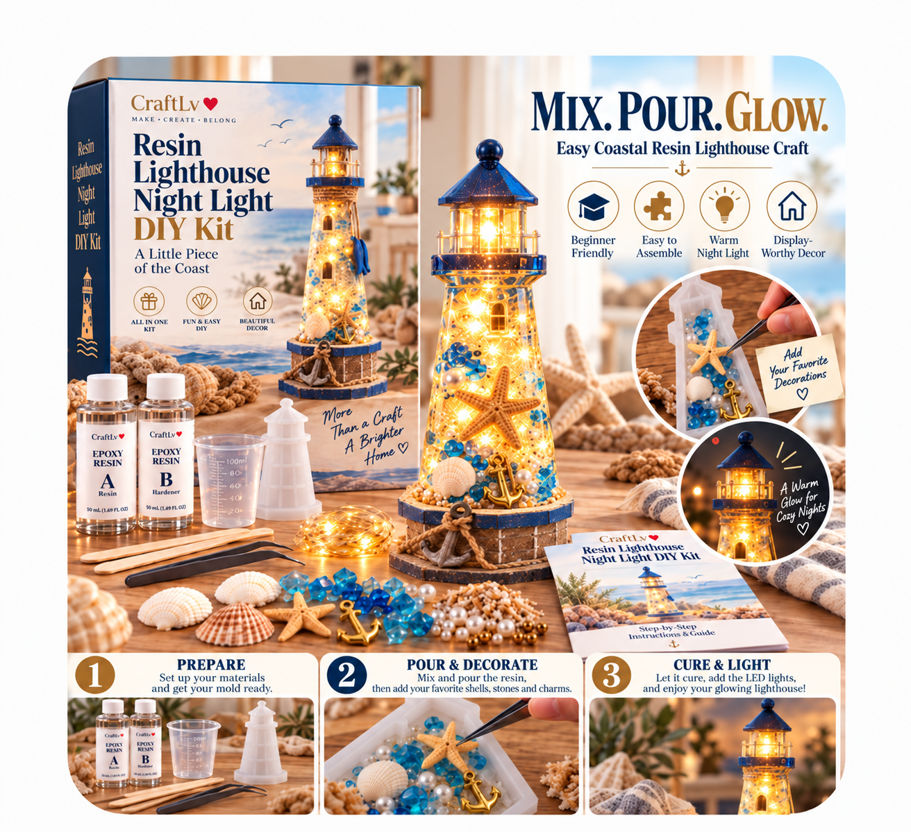 DIY Coastal Glow Lighthouse resin craft kit