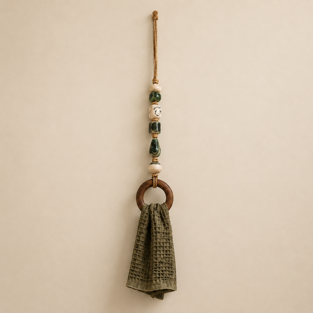 Coastal Blue Beaded Towel Hanger with Wooden Ring