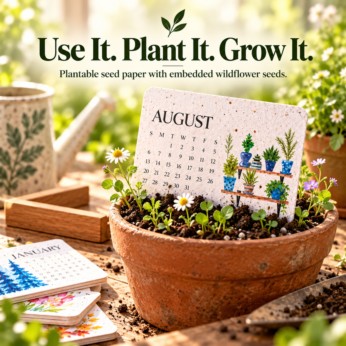 Plantable seed paper calendar being planted